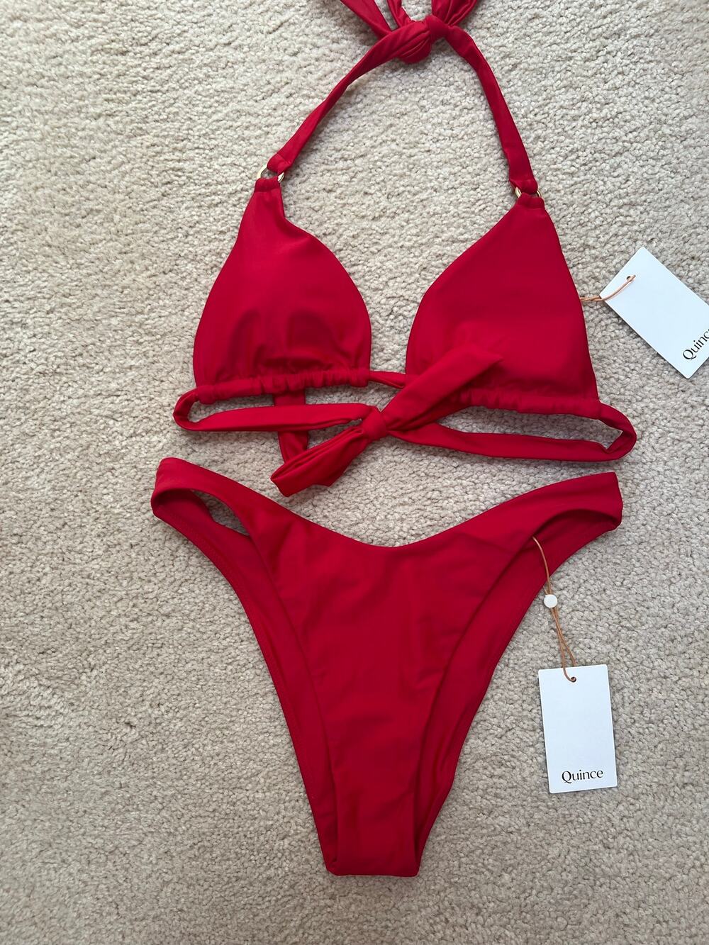 NEW Quince Cherry Red Bikini Set Swimsuit Triangle Top Cheeky Bottoms Italian S